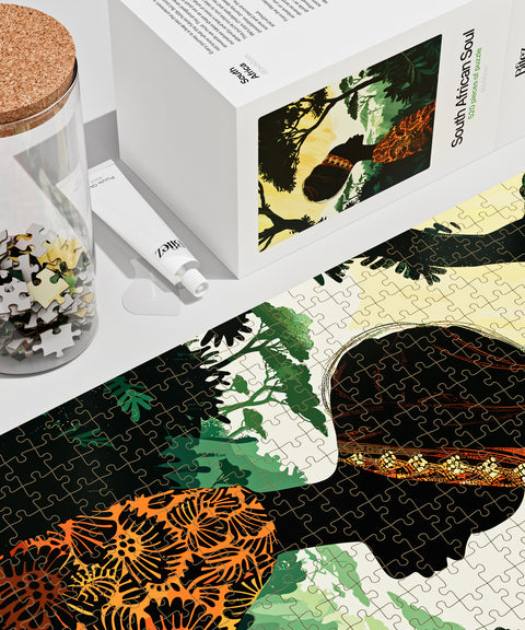 South African premium puzzle - jar, box and illustration